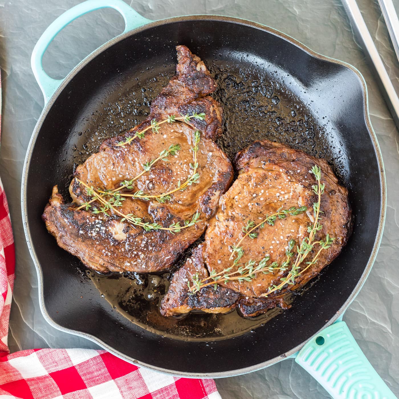 skillet of Reverse Sear Ribeye