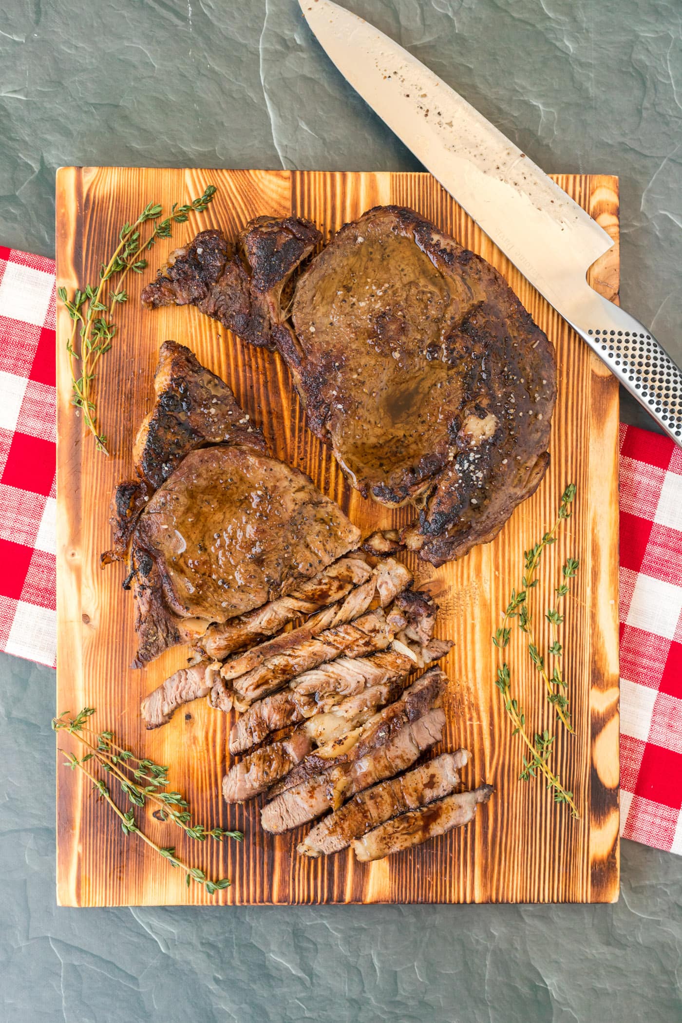 Reverse Sear Ribeye on cutting board