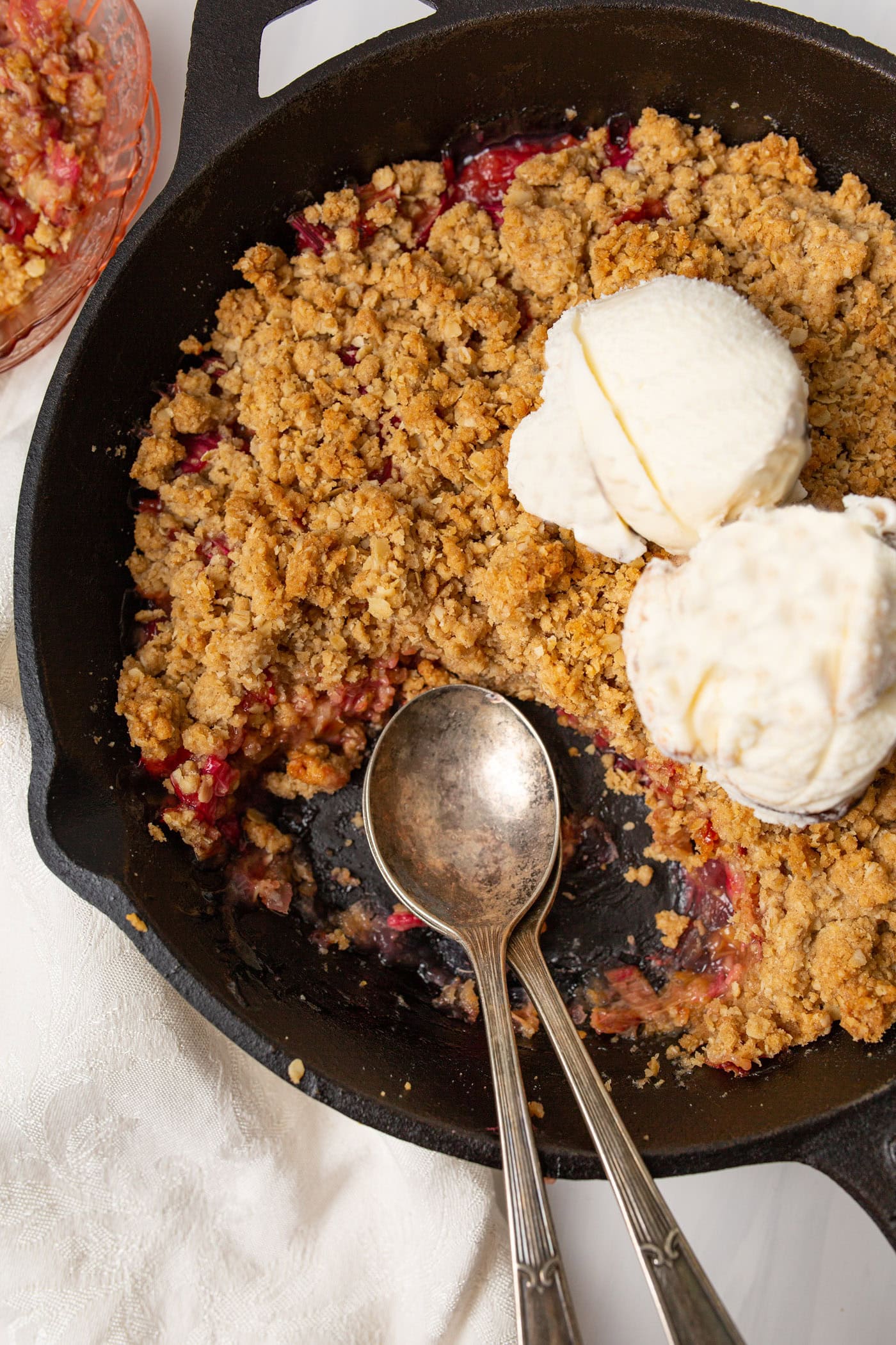 rhubarb crisp in a cast iron skillet