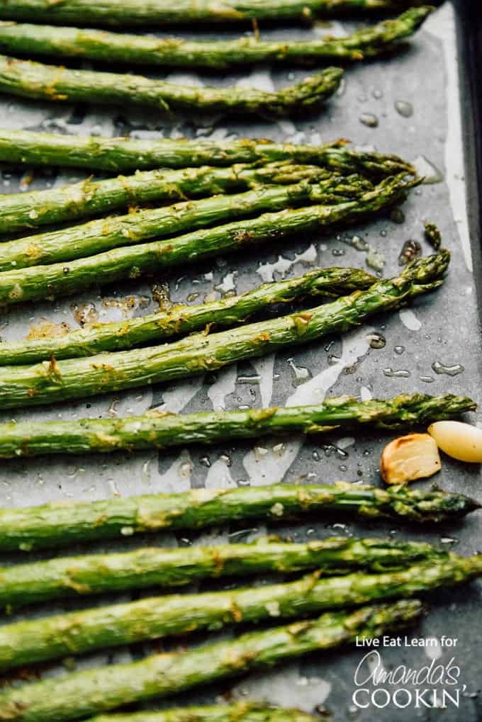 Close up photo of Roasted Asparagus on a sheet pan
