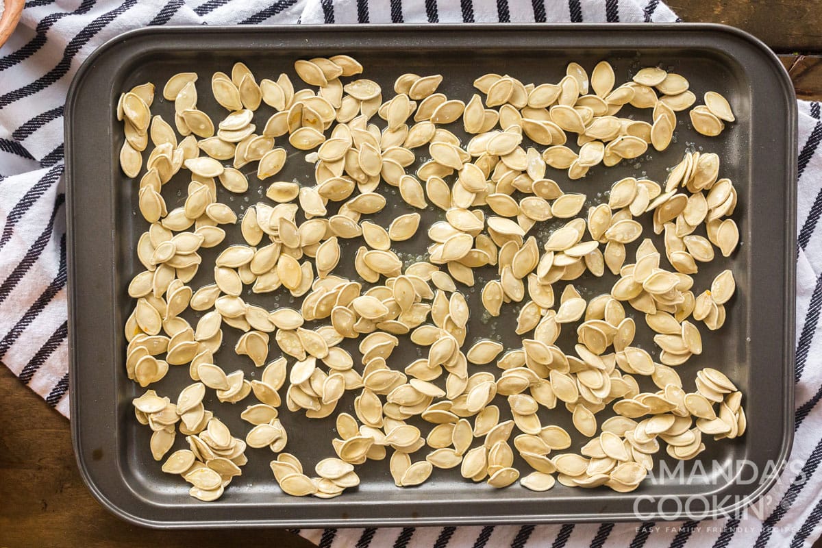 pumpkin seeds on pan ready for oven