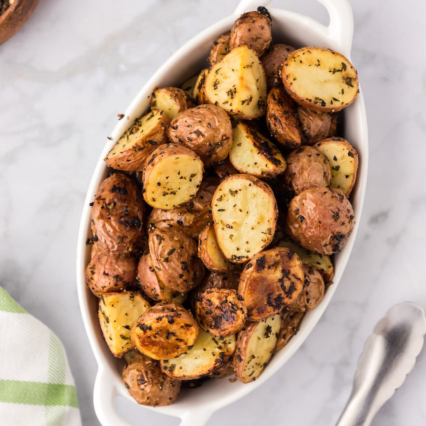 Overhead photo of Roasted Red Potatoes in a serving dish