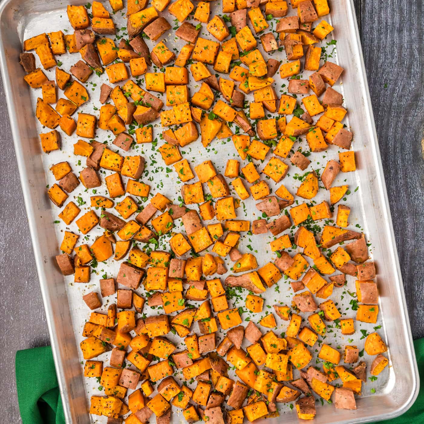 Roasted Sweet Potatoes on a baking sheet