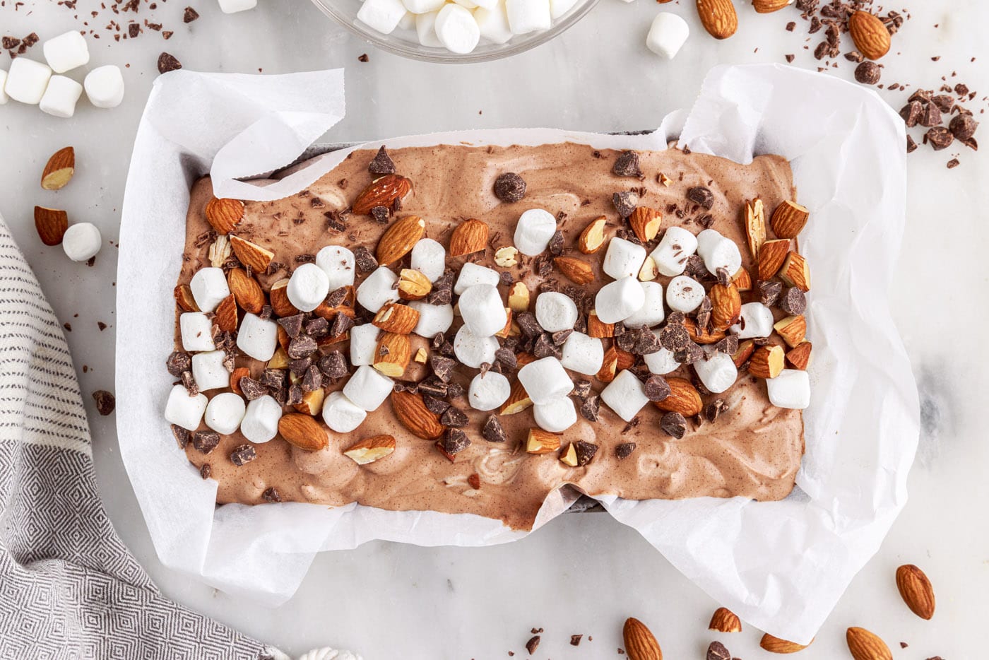 no-churn rocky road ice cream in a pan