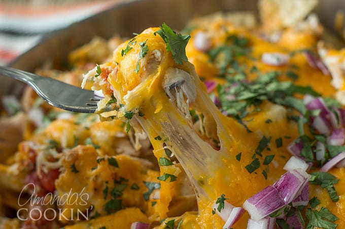 A close up of a forkful of chicken nachos with a long cheese pull.
