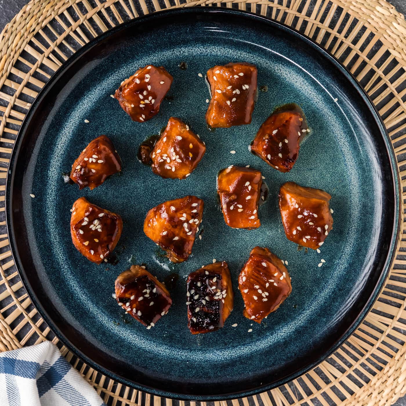 Salmon Bites on a blue plate