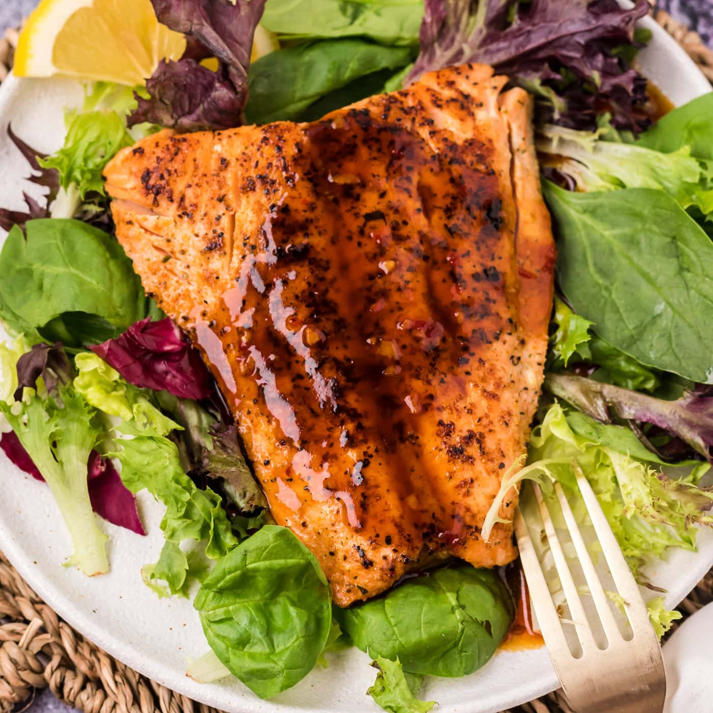 Piece of salmon on a plate with Salmon Sauce on top
