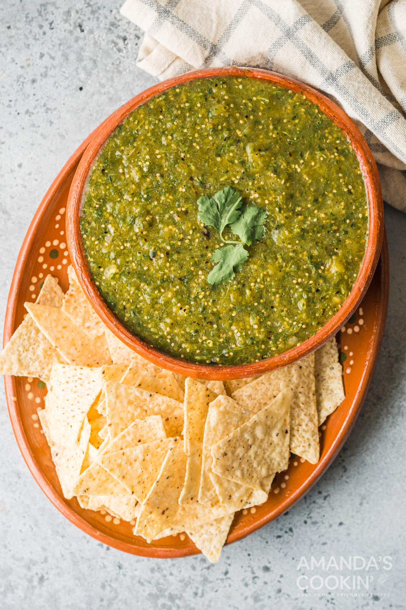bowl of salsa verde with tortilla chips