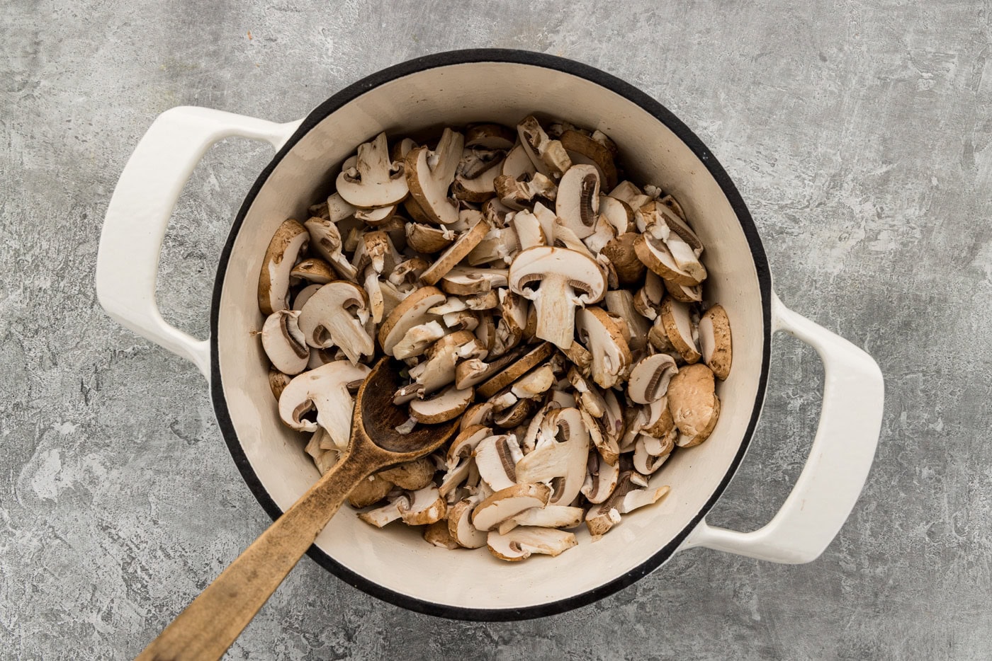 cremini mushrooms added to stockpot