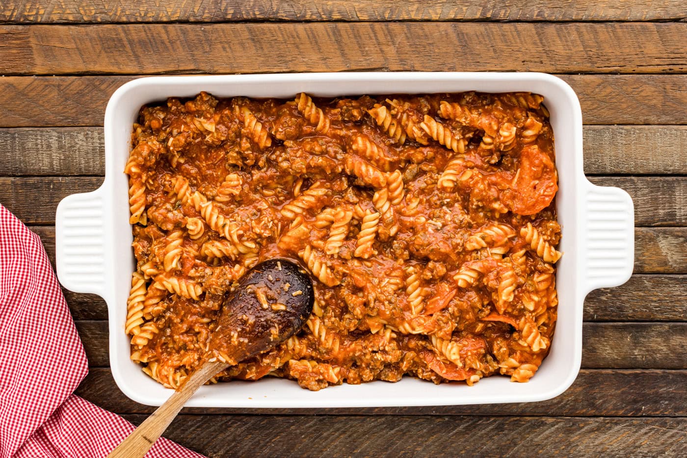 pizza casserole in a baking dish