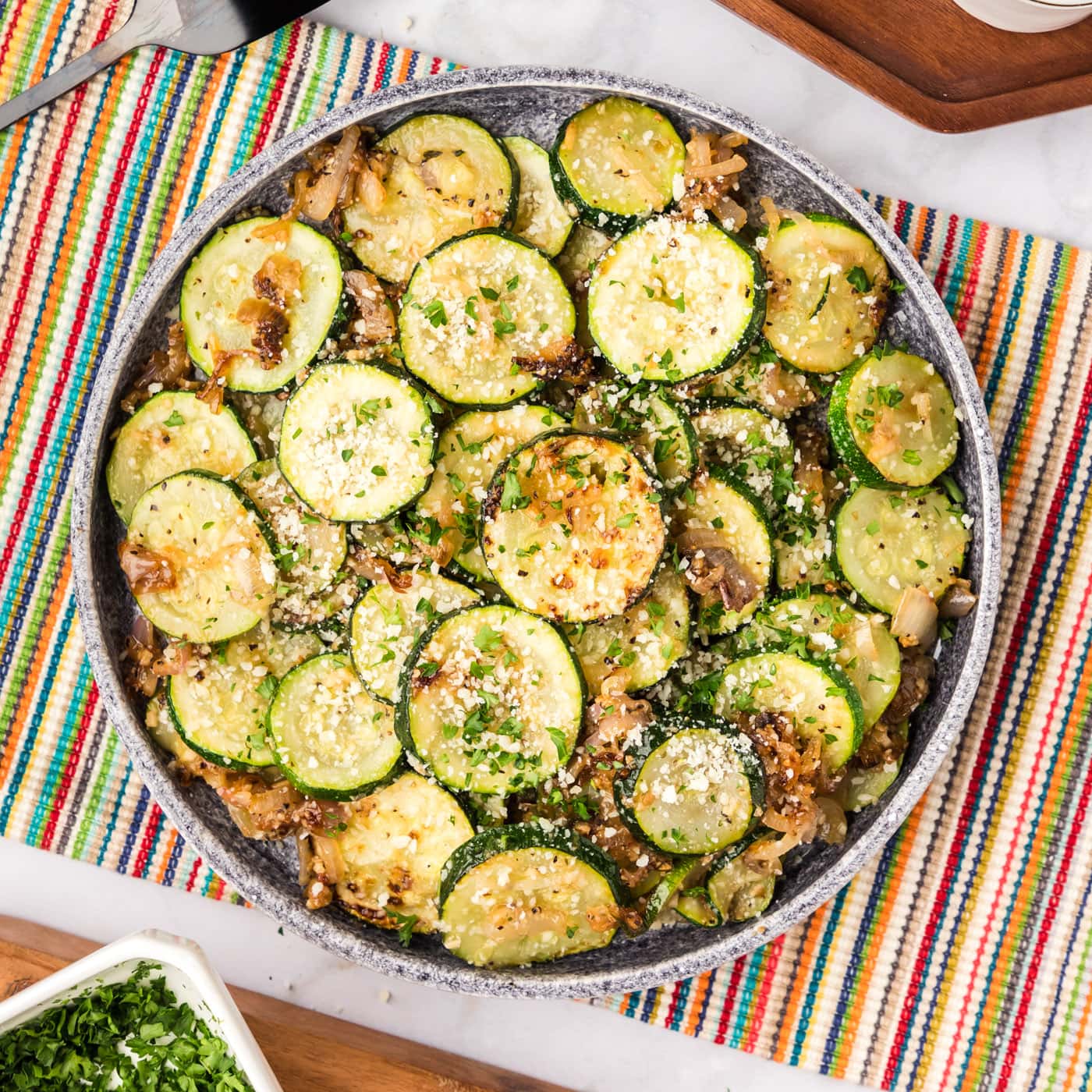 Overhead photo of a bowl of Sautéed Zucchini