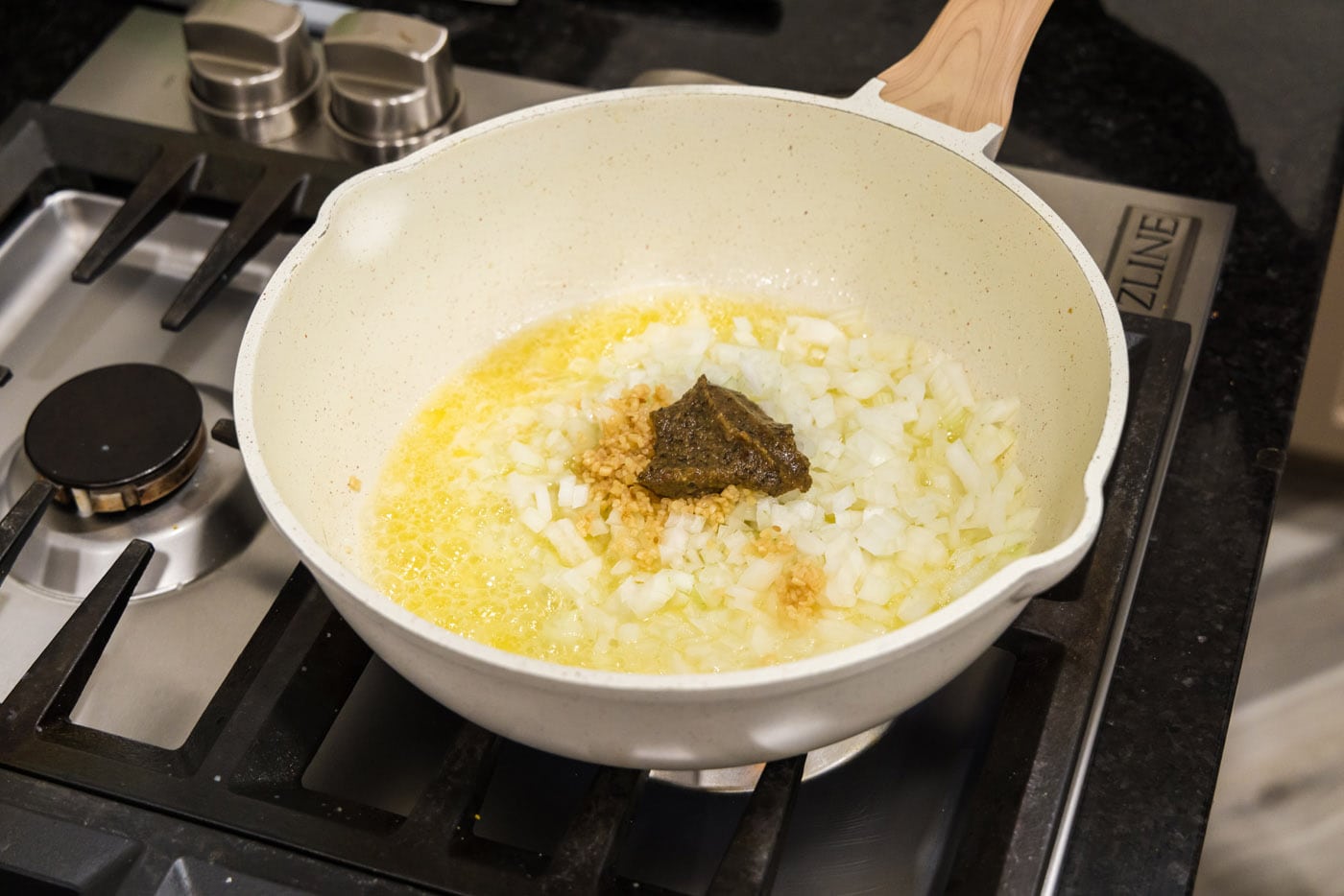 onion, garlic, and vegetable base in a skillet