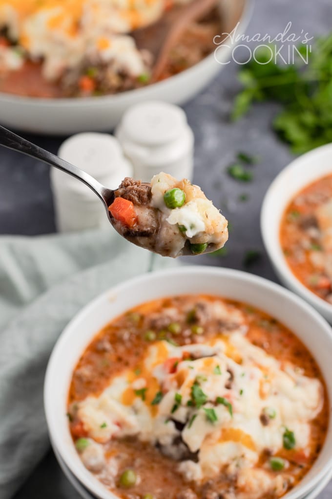 spoon with shepherds pie on it