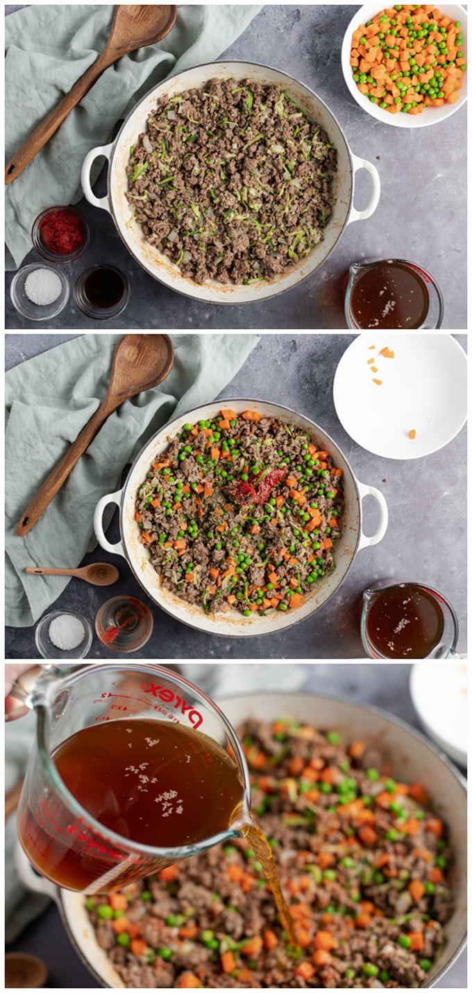 browning ground beef and adding broth