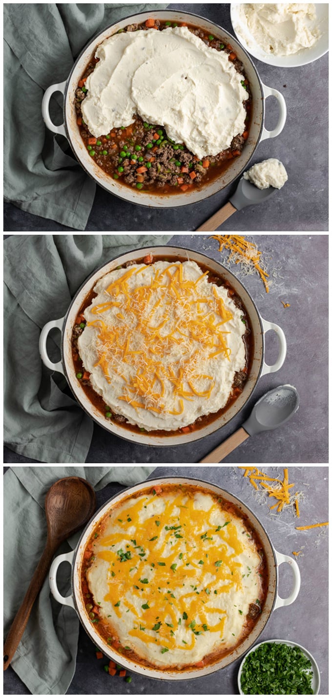 spreading mashed potatoes on top of shepherds pie