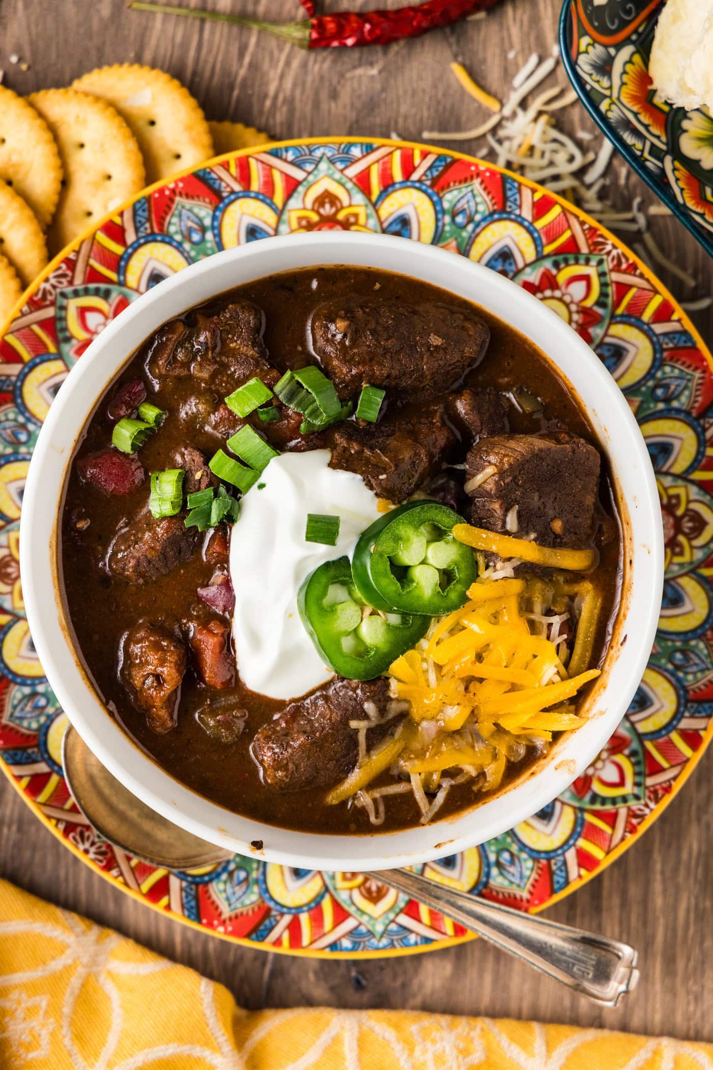 Close up photo of a bowl of Short Rib Chili