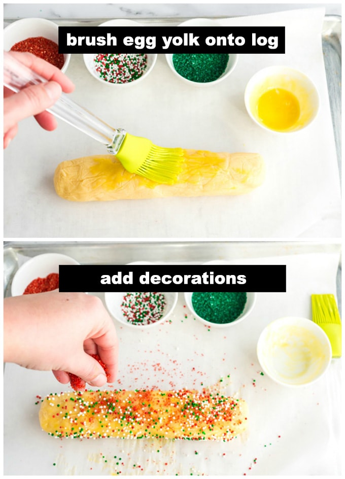 brushing dough log with egg yolk