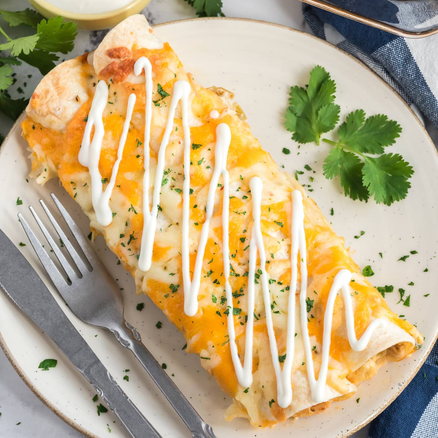 Two Shredded Chicken and Chile Enchiladas on a plate with a fork and knife