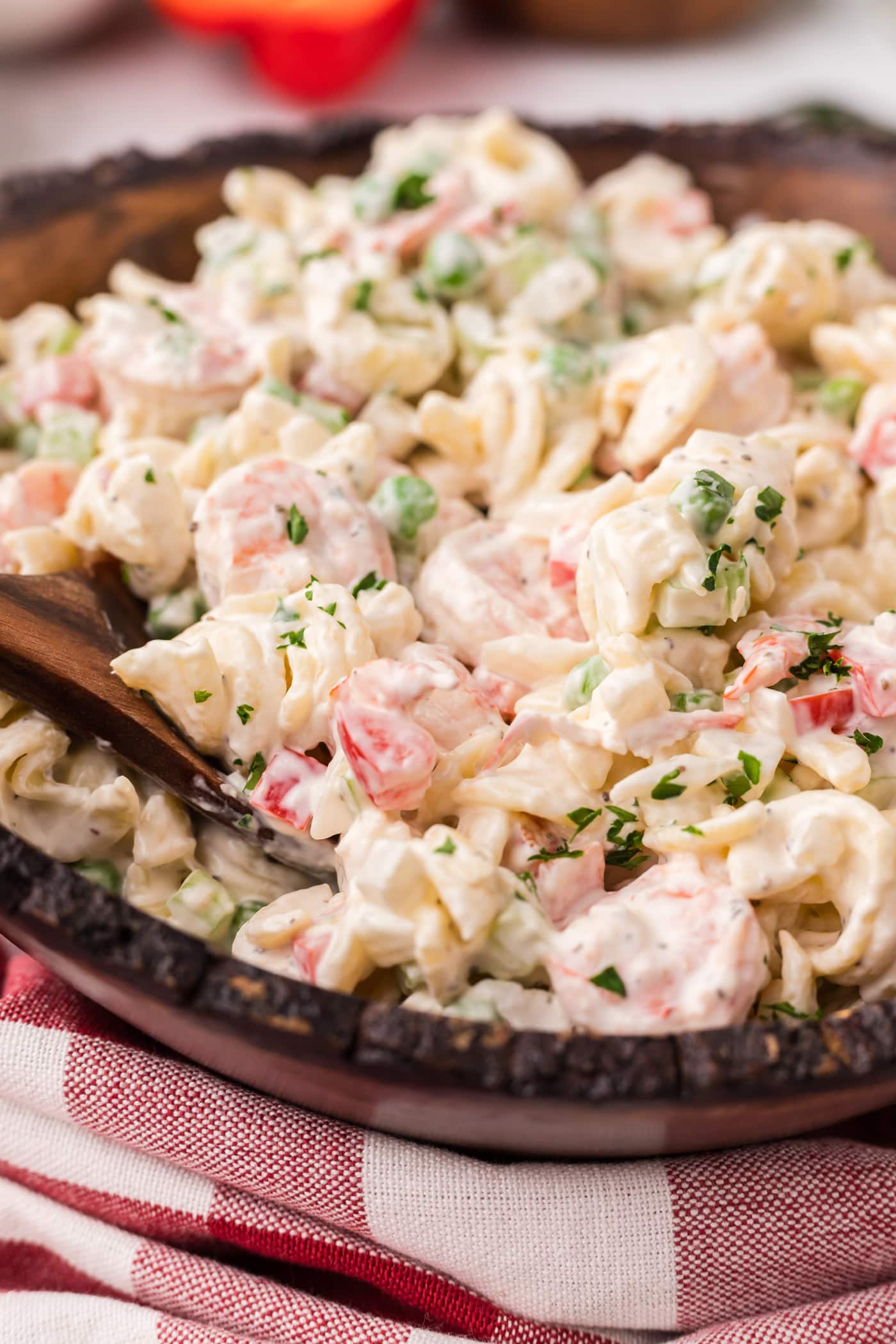 Close up photo of a bowl of Shrimp Pasta Salad