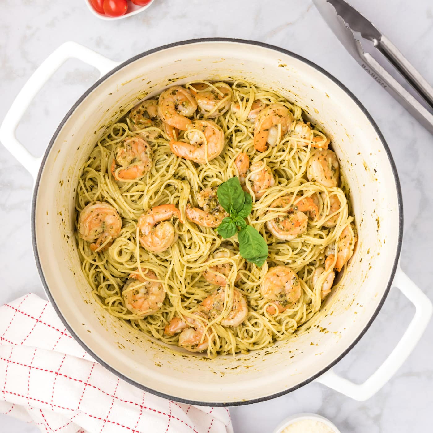 Pot of Shrimp Pesto Pasta