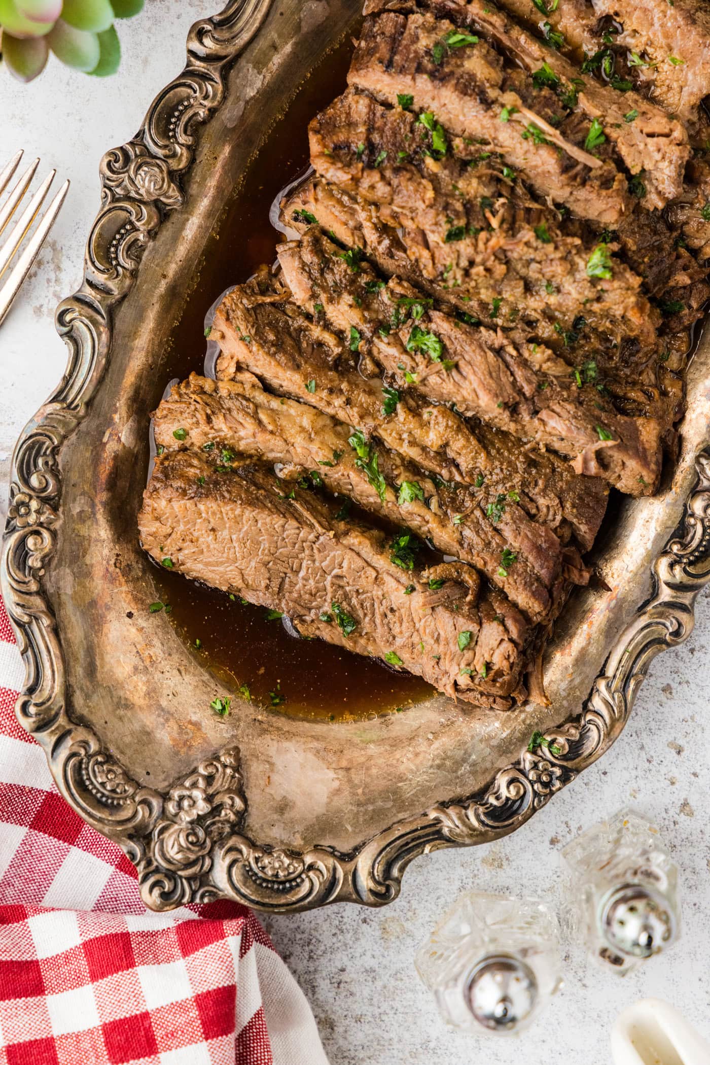 sliced Slow Cooker Brisket on a platter
