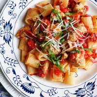 An overhead photo of spiced chicken and mezzi rigatoni on a white and blue plate.