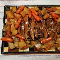 An overhead photo of slow cooker java brisket on a plate.