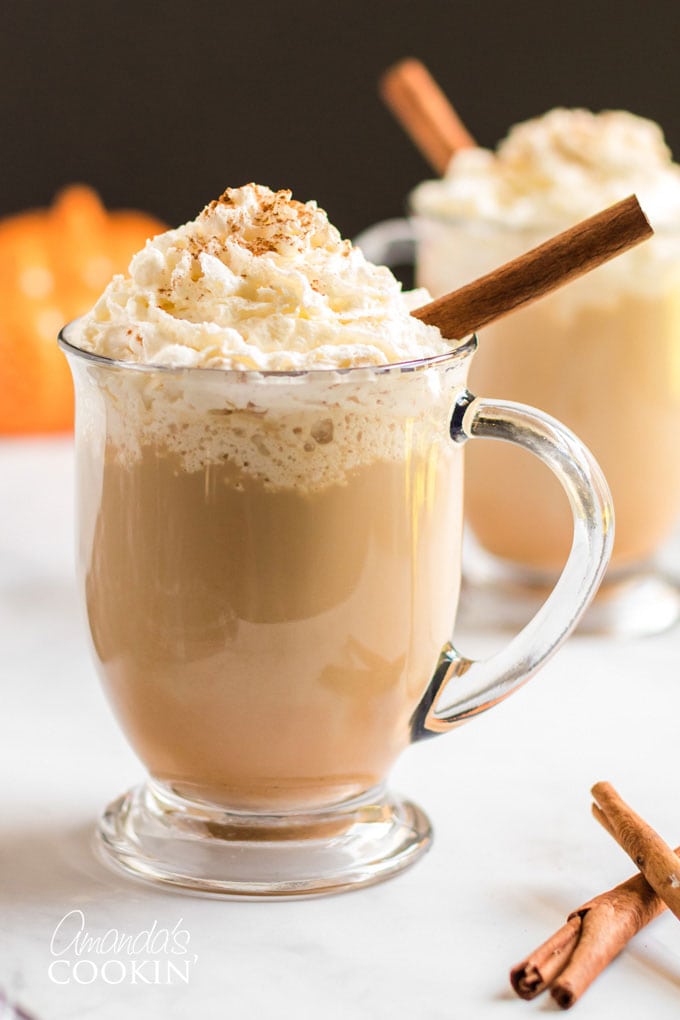 homemade pumpkin spice latte in a clear mug