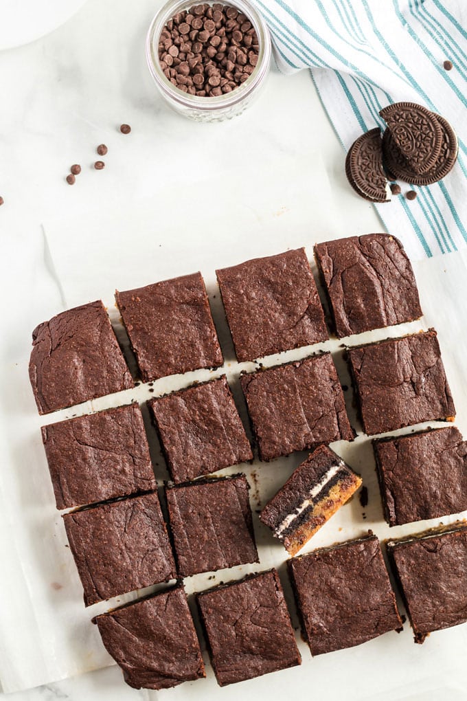 overhead view if sliced brownies with one piece turned on its side
