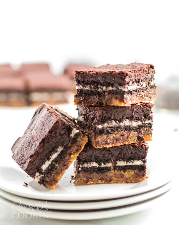 stack of brownies made with oreos and chocolate chip cookie dough