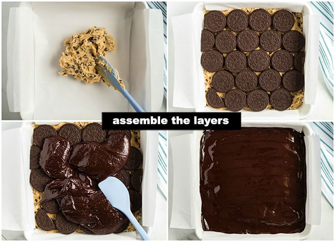 step photo collage of assembling slutty brownie layers