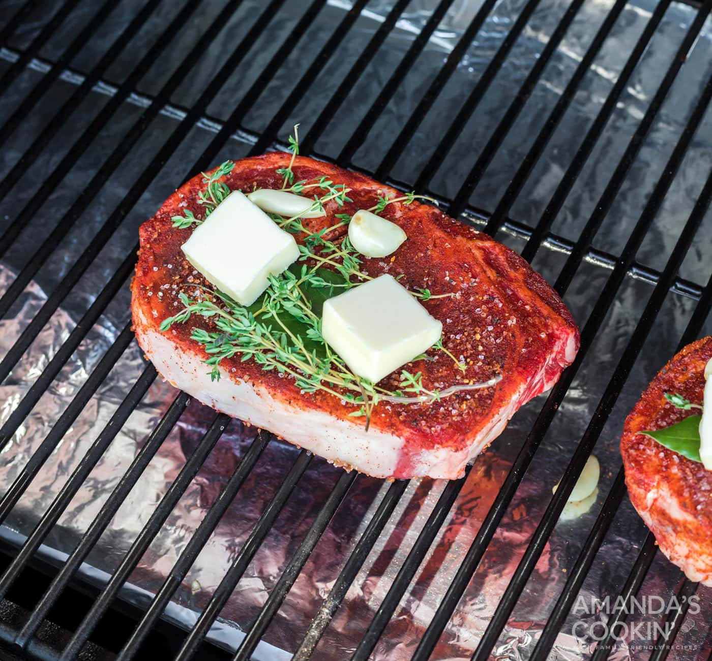ribeye steak on smoker grill
