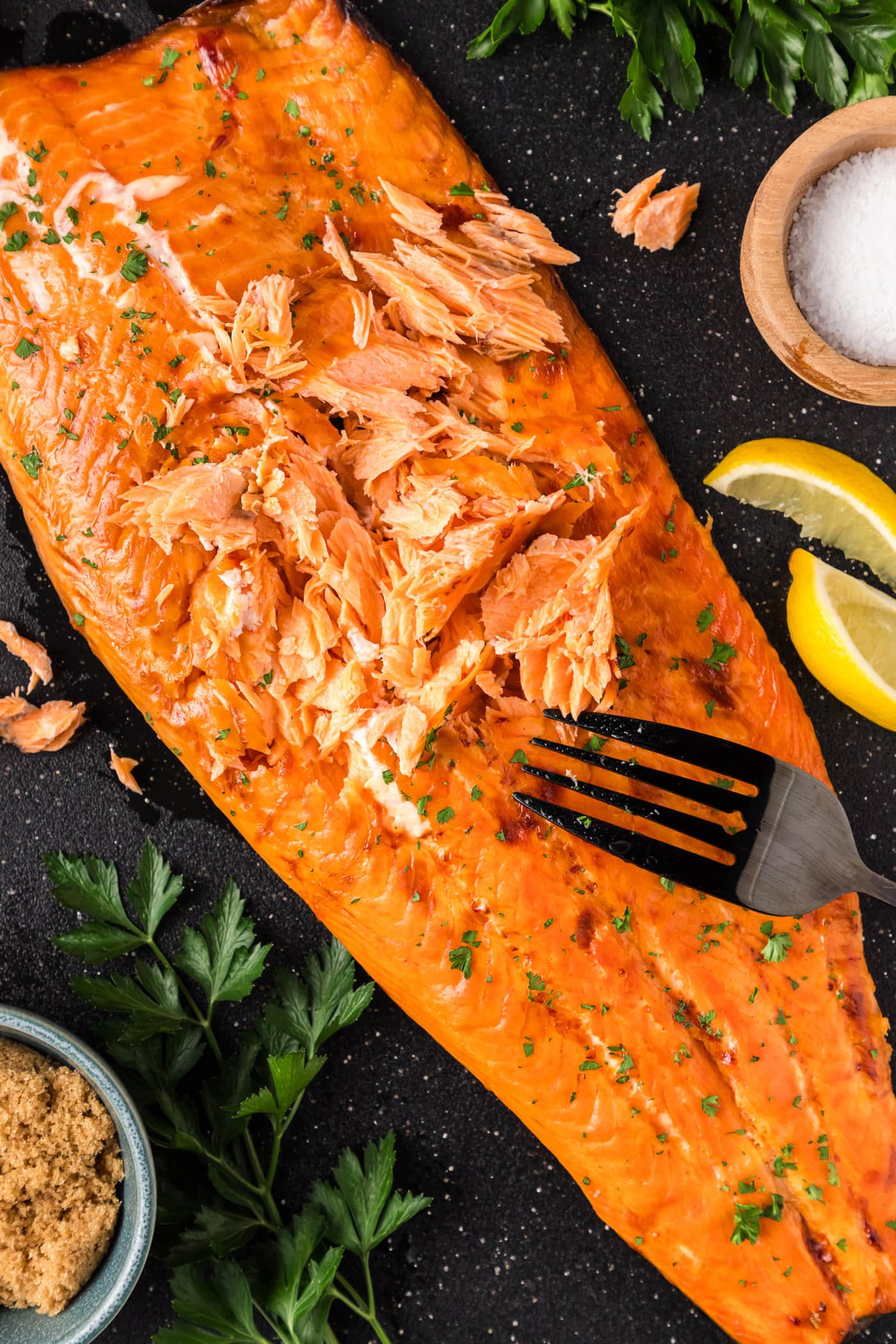 Close up photo of Smoked Trout shredded apart by a fork
