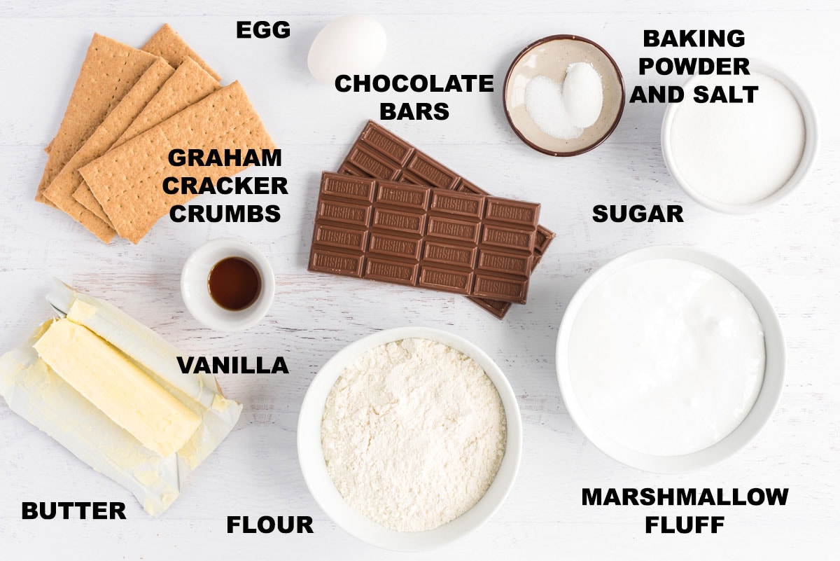 labeled ingredients for smores bars