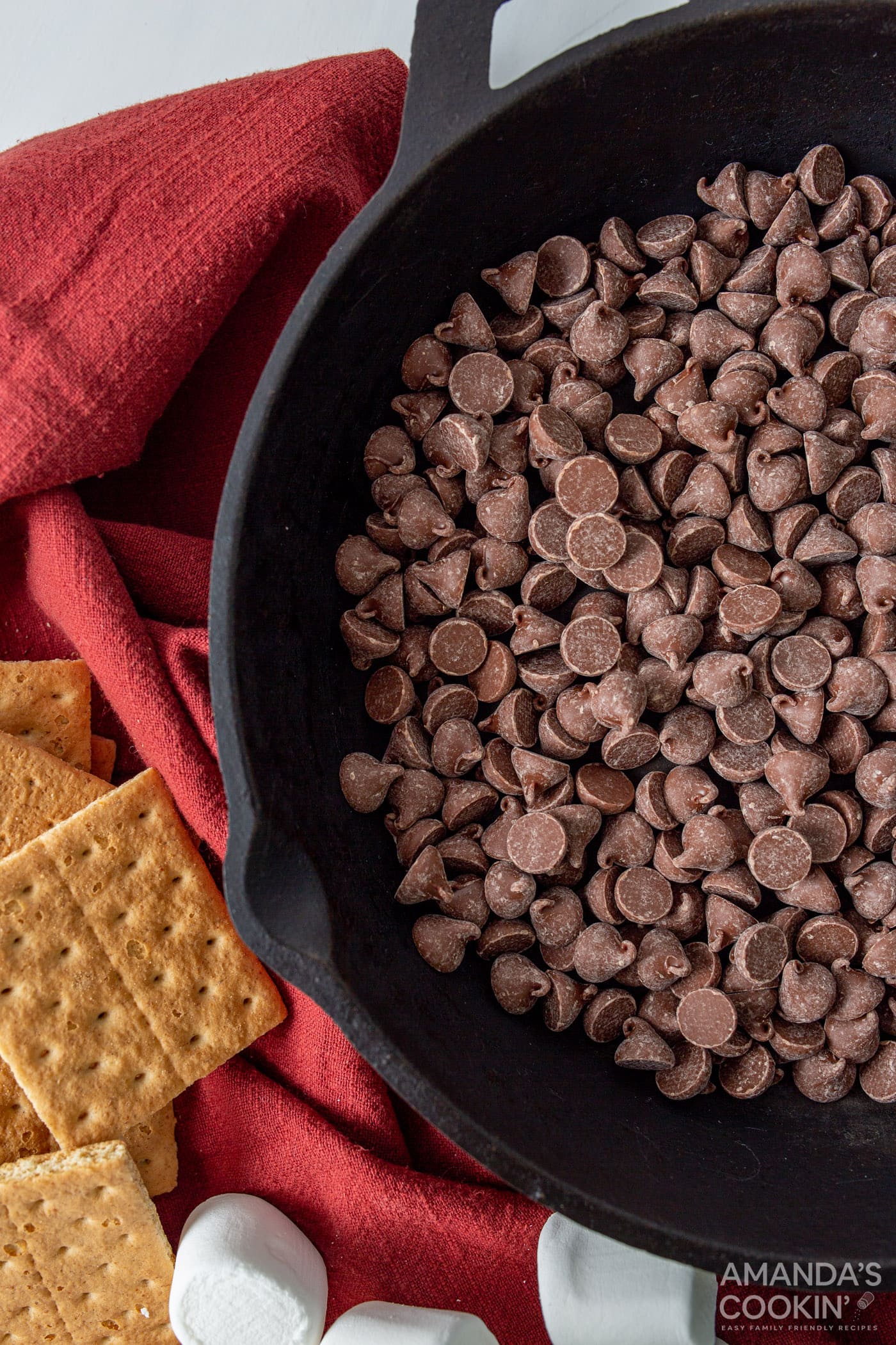 chocolate chips in a cast iron skillet