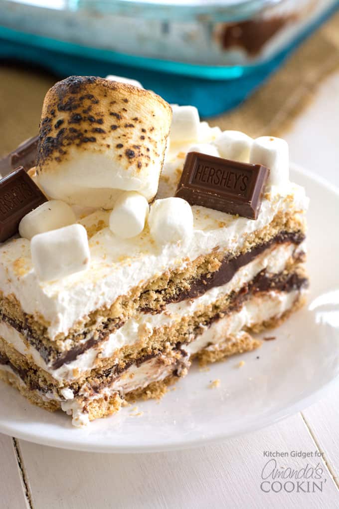 Slice of S'mores icebox cake on a plate