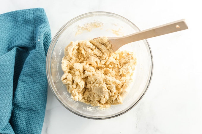 cookie dough coming together in bowl