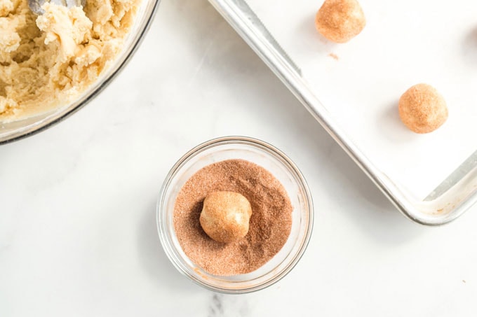 cookie dough ball in cinnamon sugar
