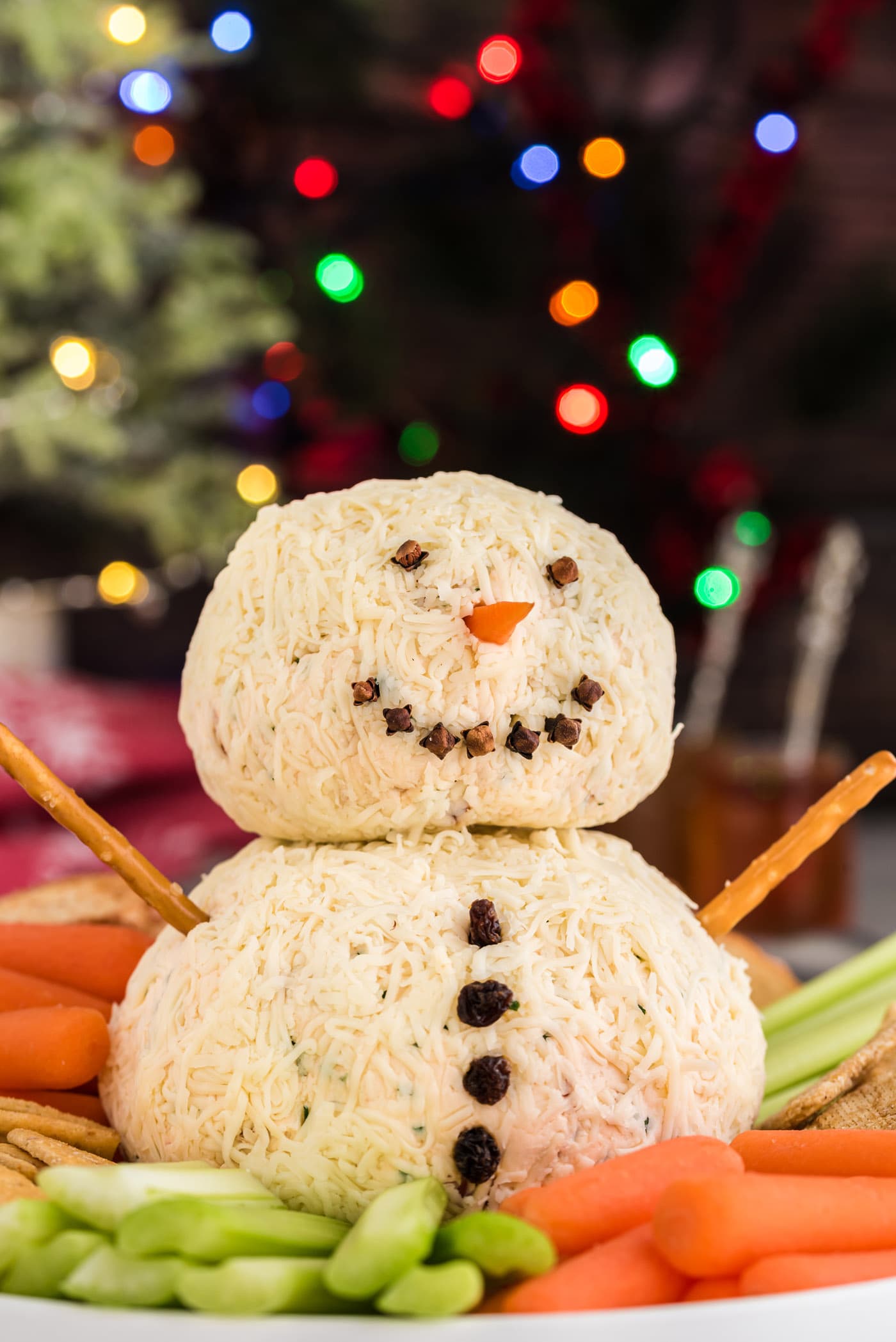 Snowman Cheeseball in Christmas setting