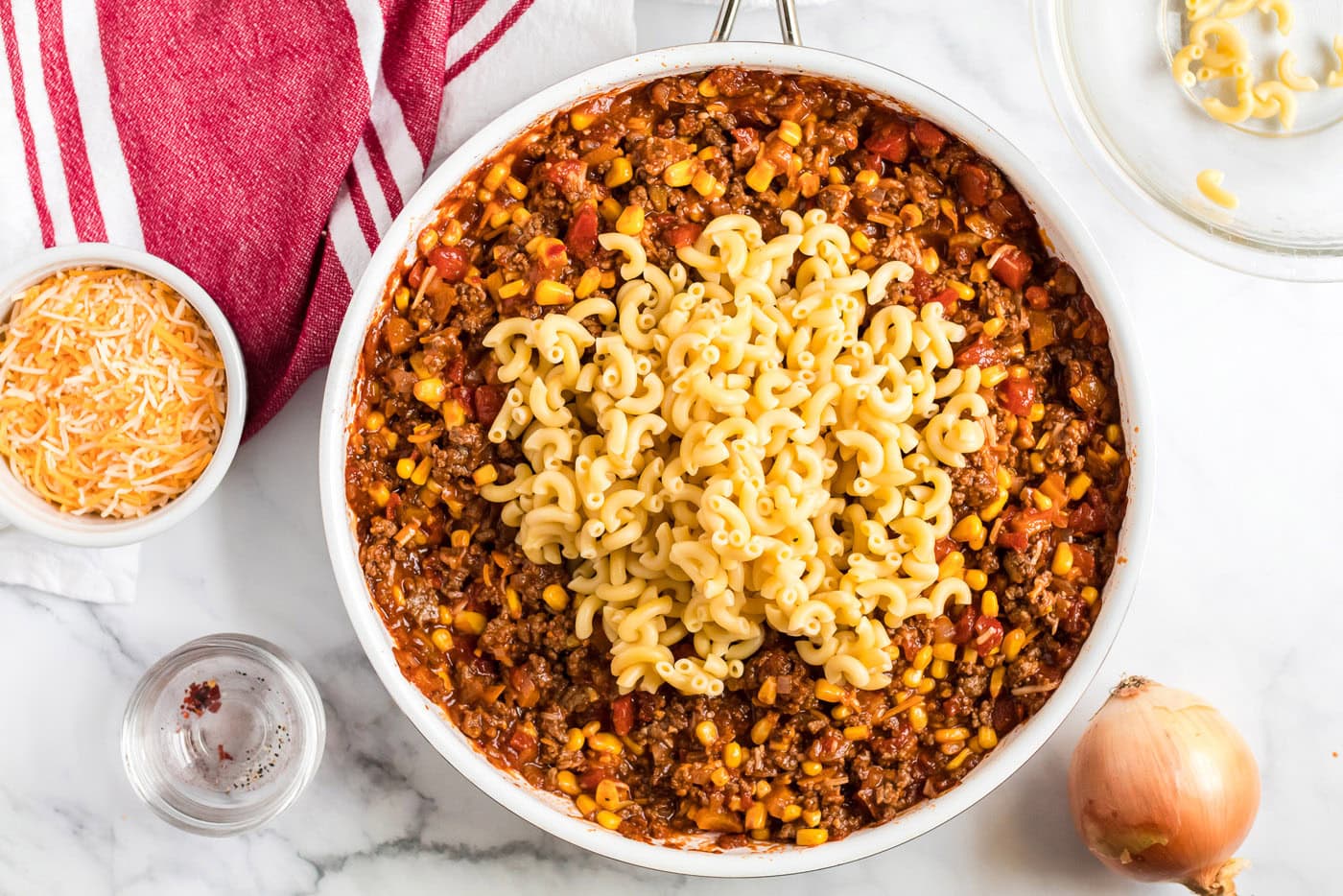 Pasta added to ground beef mixture