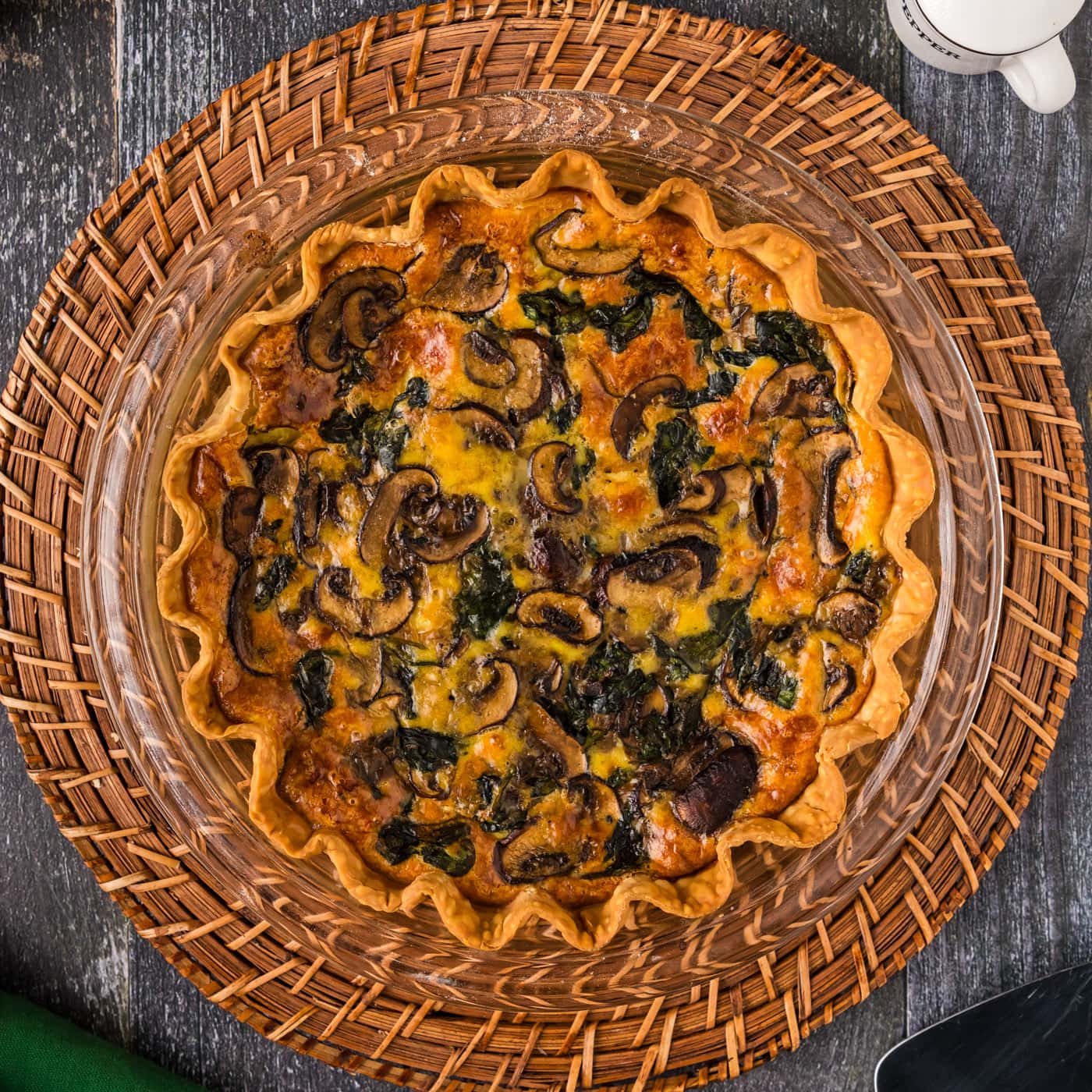 Overhead photo of a Spinach Mushroom Quiche