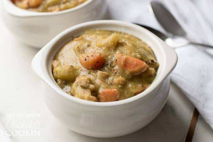 Split pea soup in bowls