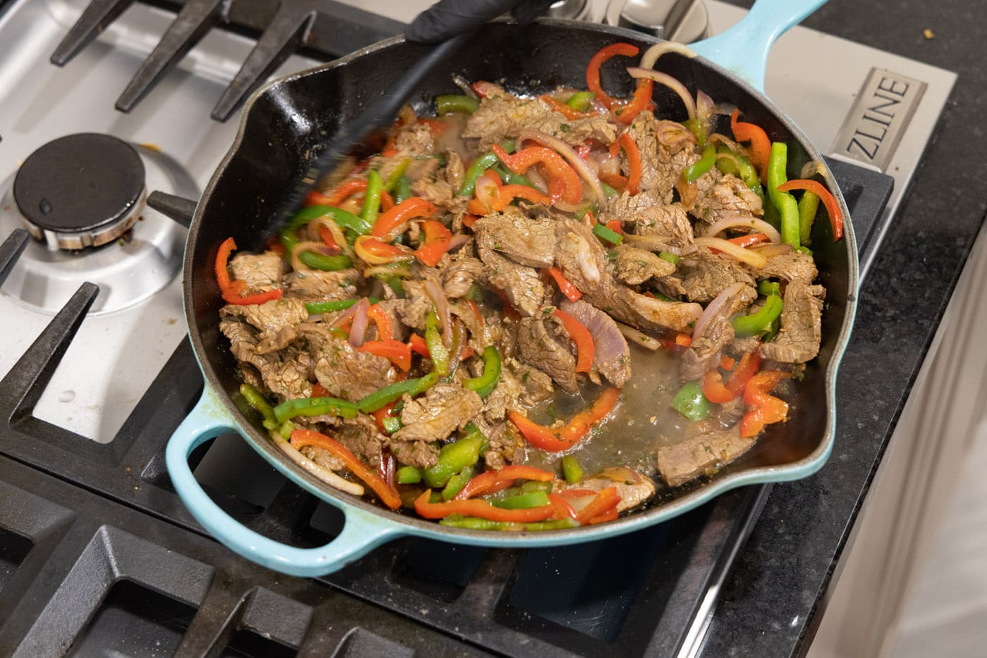 steak fajita filling in a cast iron skillet