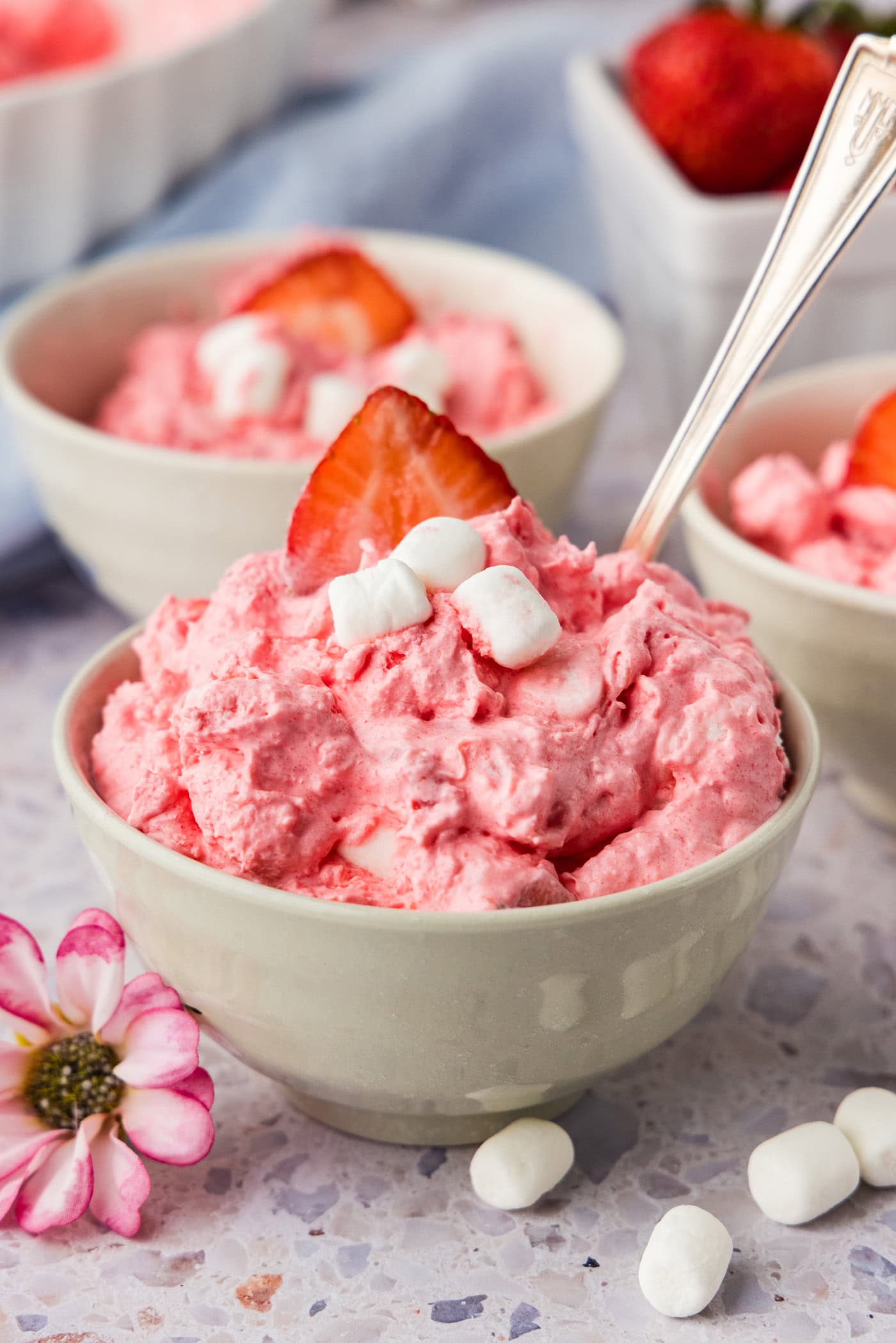 Strawberry Fluff Salad in bowl with spoon