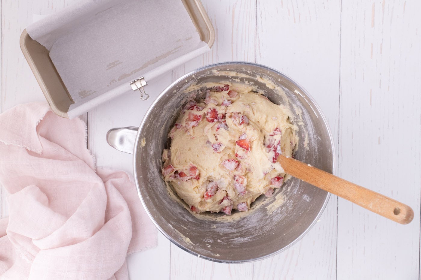 strawberry pound cake batter in a mixing bowl