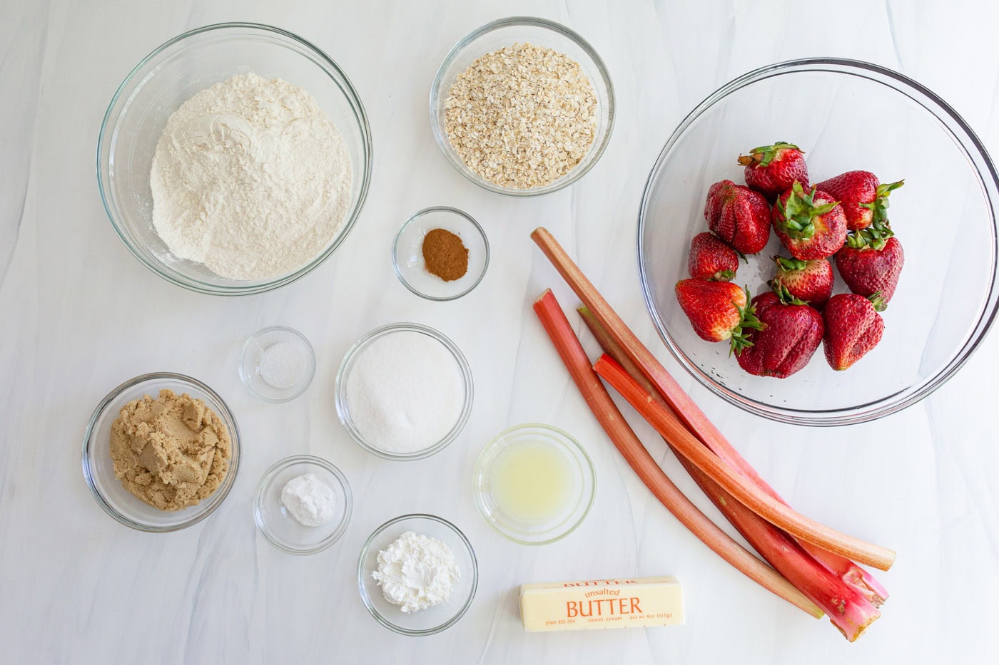Ingredients for Strawberry Rhubarb Crumble Bars