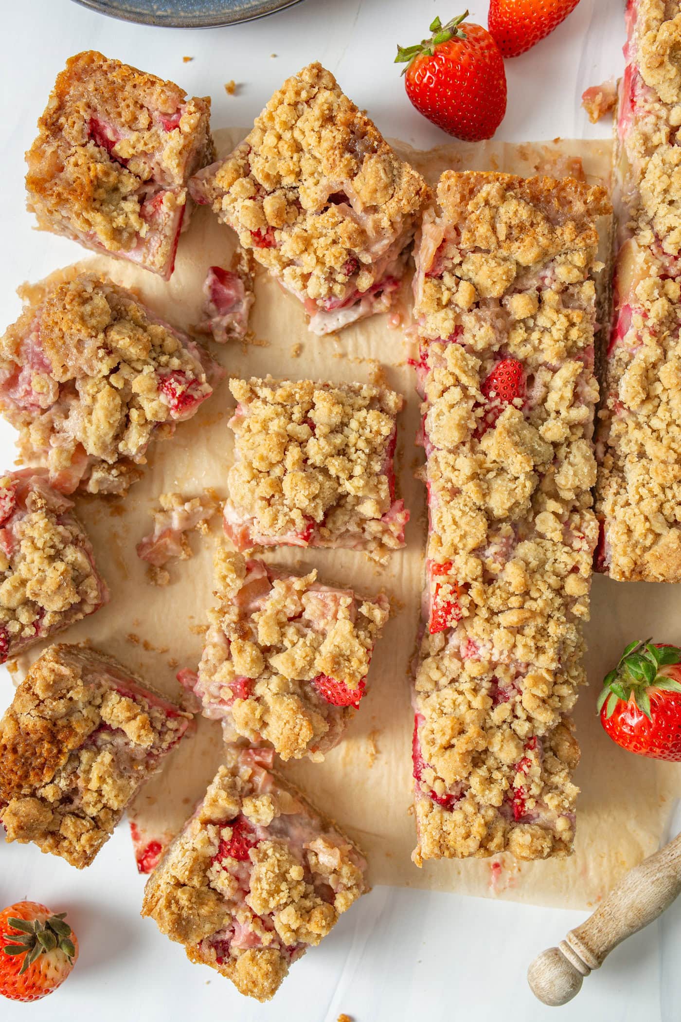 Strawberry Rhubarb Crumble Bars cut into squares