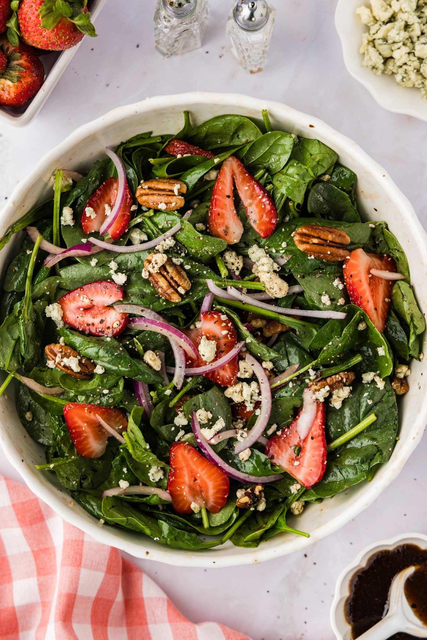 close up of large bowl of Strawberry Spinach Salad