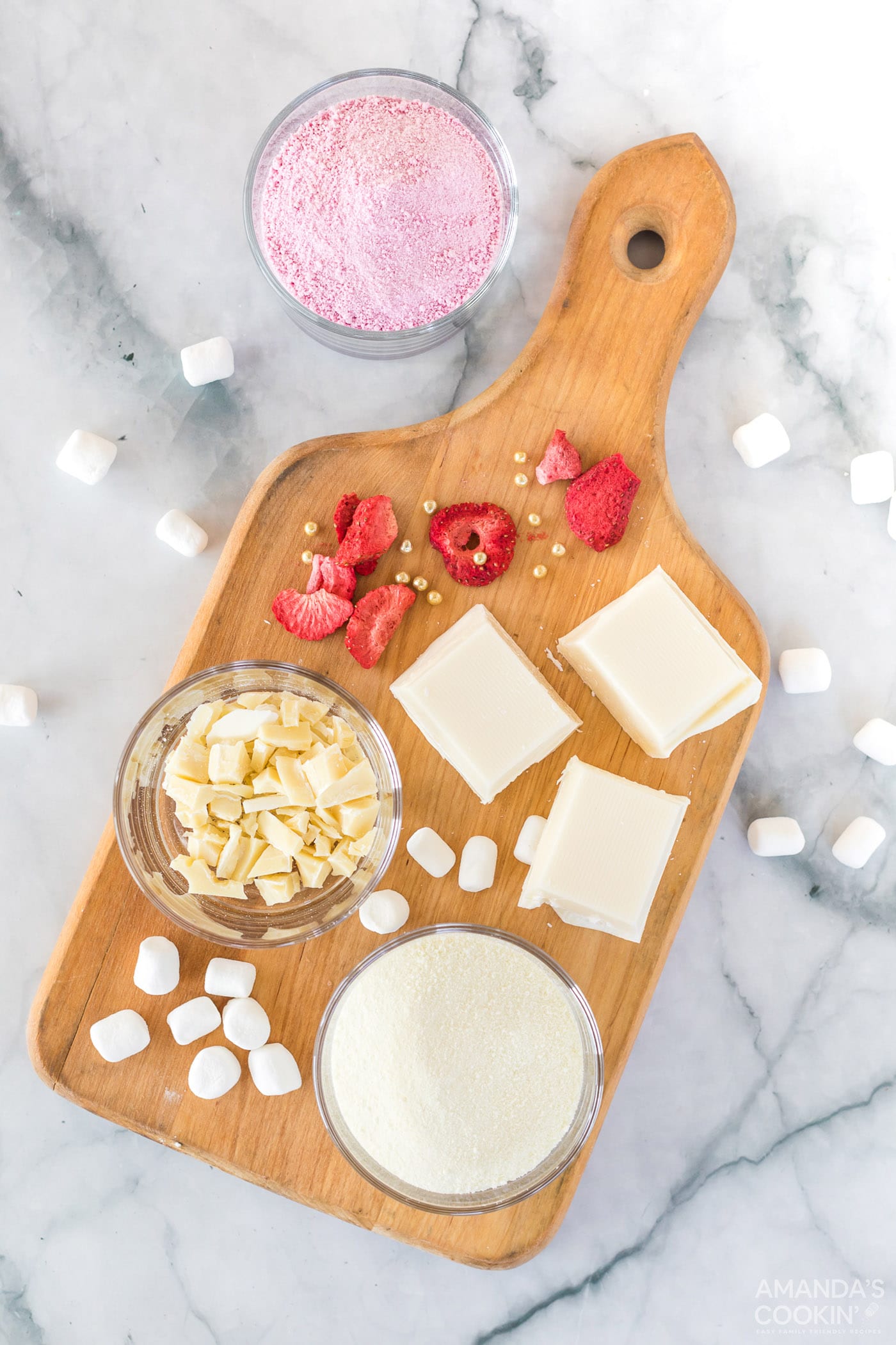 ingredients for white chocolate strawberry hot cocoa bombs