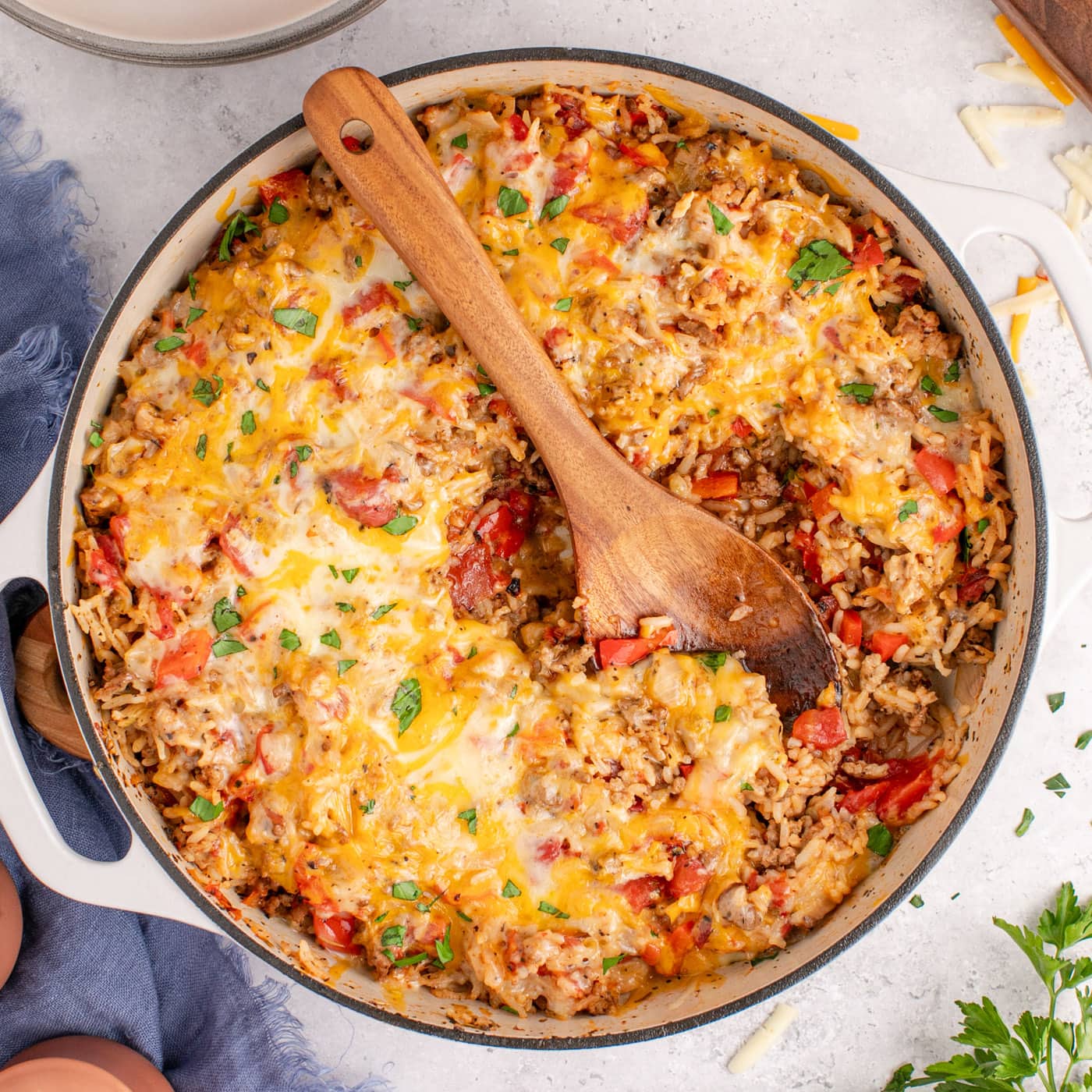 Stuffed Pepper Casserole in a dutch oven with a spoon